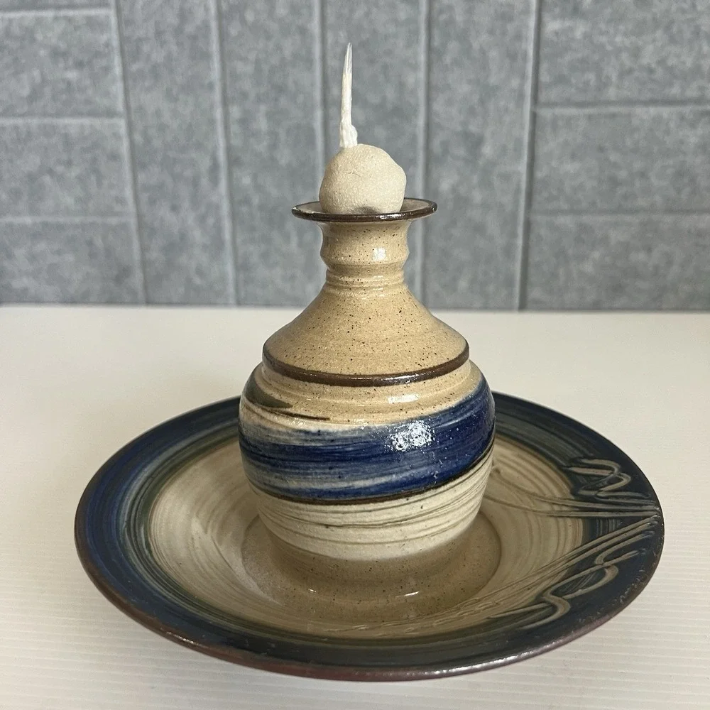 Vintage Studio Art Pottery Oil Lamp With Wick & Ball Candle Holder Signed